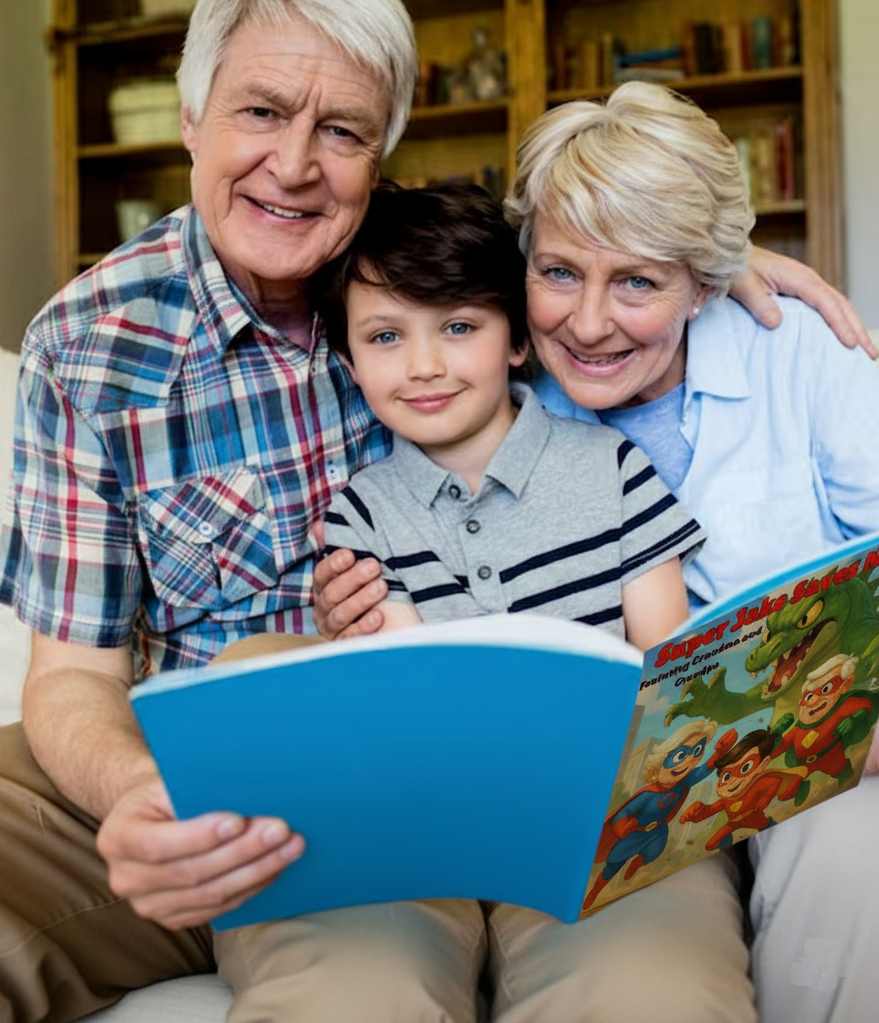 Grandparents sharing storybook with grandchild