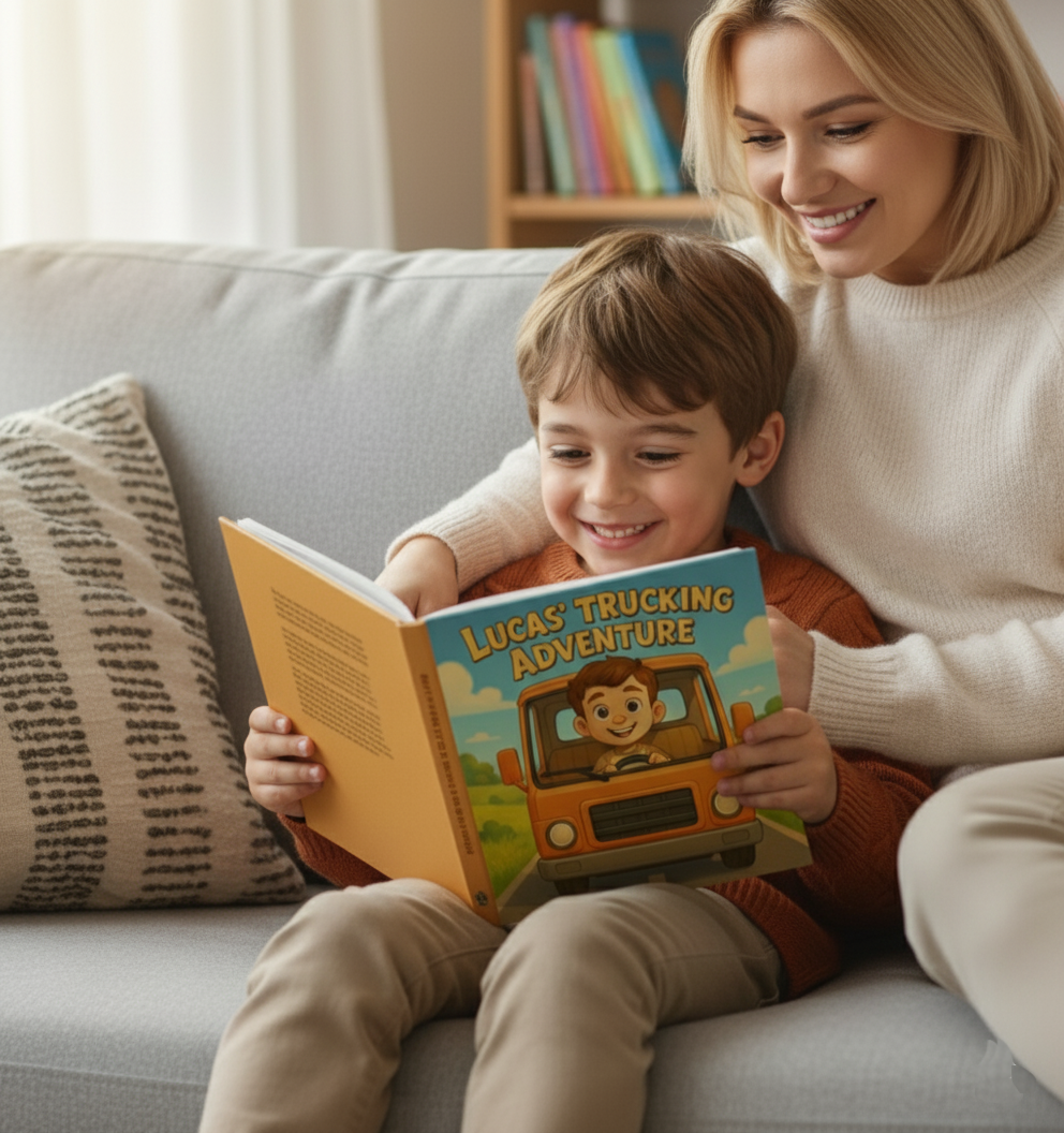 A father and daughter happily reading a book together